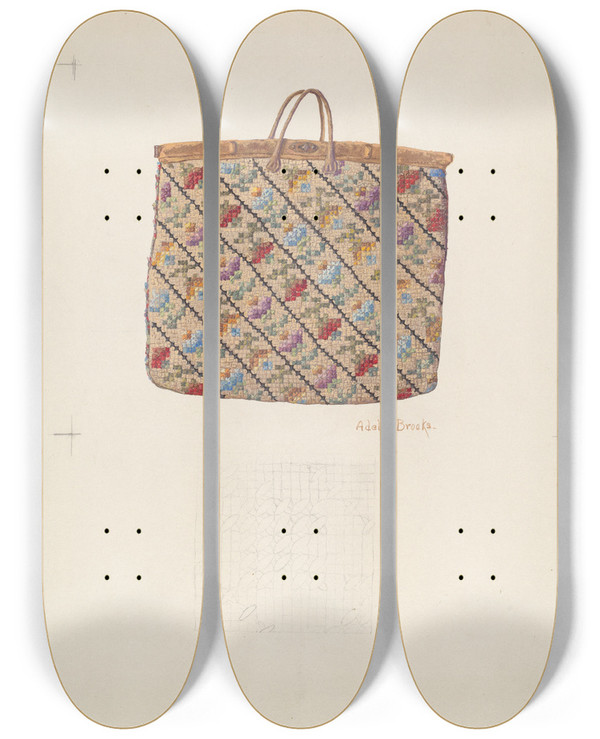 Triptych art skateboard deck of Adele Brooks Carpet Bag by Adele Brooks