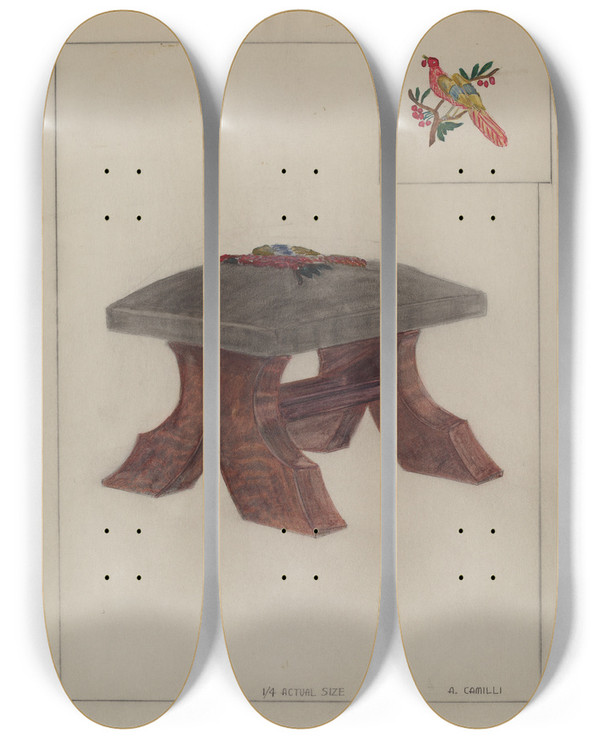 Triptych art skateboard deck of Albert Camilli Foot Stool by Albert Camilli
