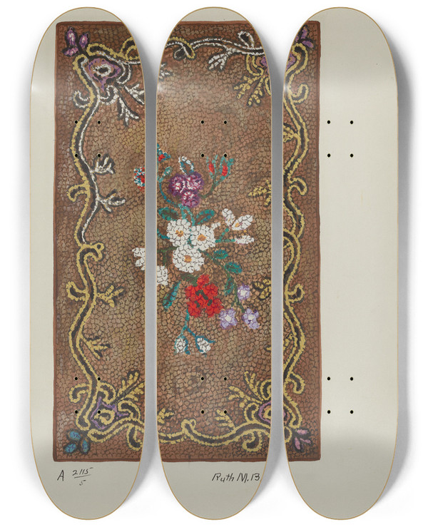 Triptych art skateboard deck of Ruth M Barnes Hooked Rug_11 by Ruth M Barnes