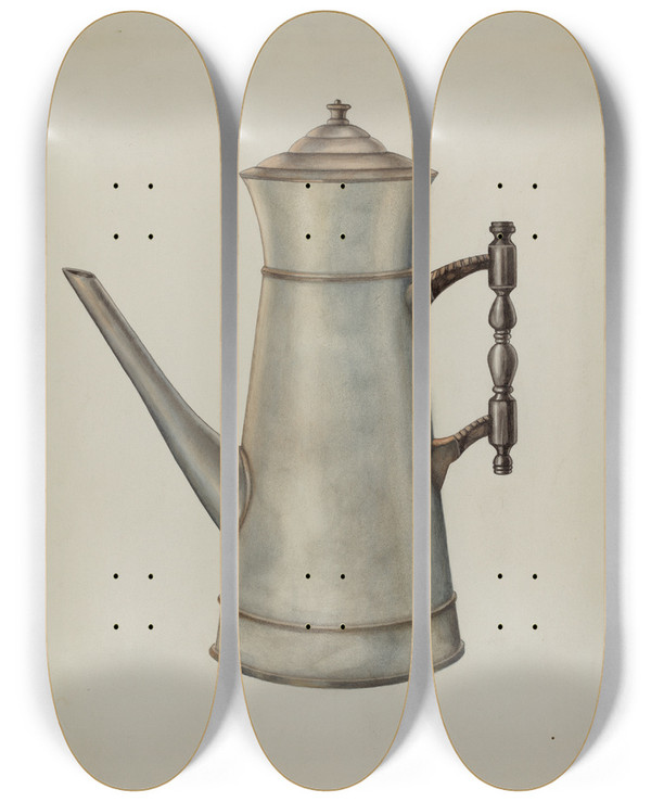 Triptych art skateboard deck of Harry Mann Waddell Pewter Coffee Pot by Harry Mann Waddell (1876-1956)