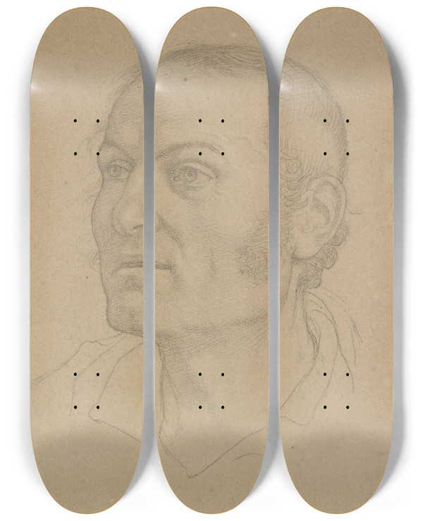 Triptych art skateboard deck of Johann Friedrich Overbeck Head Of A Man by Johann Friedrich Overbeck (1789-1869)