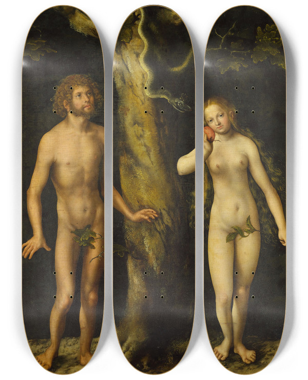 Triptych art skateboard deck of Lucas Cranach Adam And Eve by Lucas Cranach