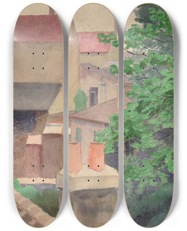 Triptych art skateboard deck of Thomas Pollock Anshutz Rooftops St Cloud by Thomas Pollock Anshutz (1851-1912)