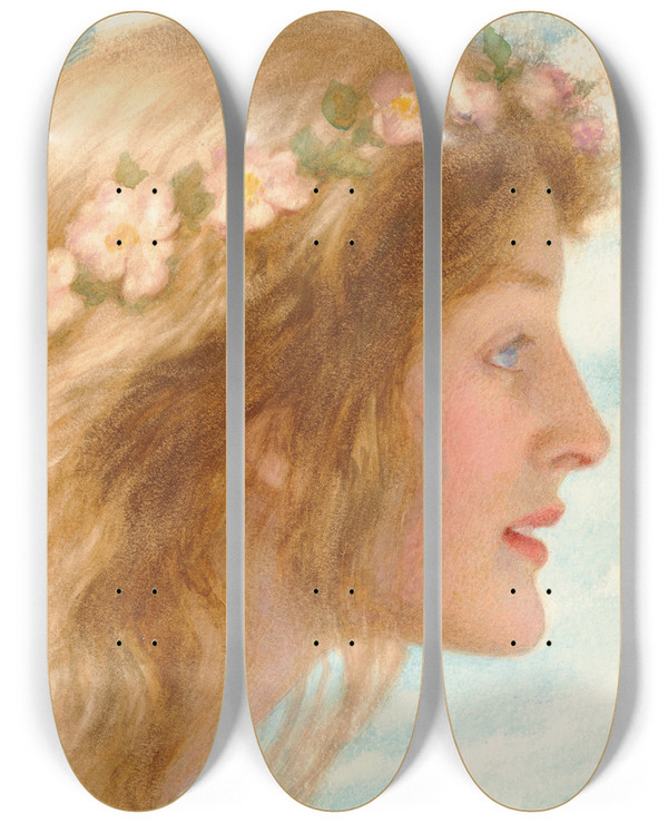 Triptych art skateboard deck of Edward Robert Hughes Day by Edward Robert Hughes (1851-1914)