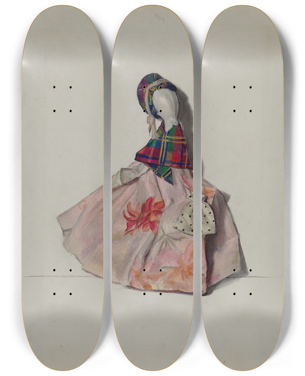 Triptych art skateboard deck of Jane Iverson Clay Pipe Doll by Jane Iverson