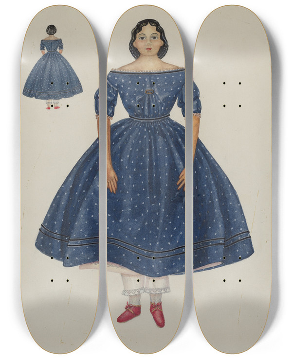 Triptych art skateboard deck of Edith Towner Doll Sarah by Edith Towner (20-)