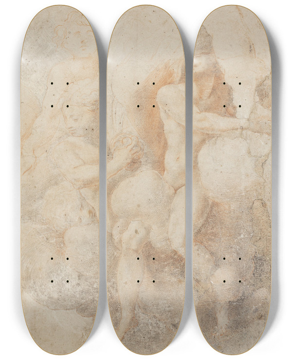 Triptych art skateboard deck of Agostino Carracci Prisoners Are Brought Before A Commander by Agostino Carracci (1557-1602)