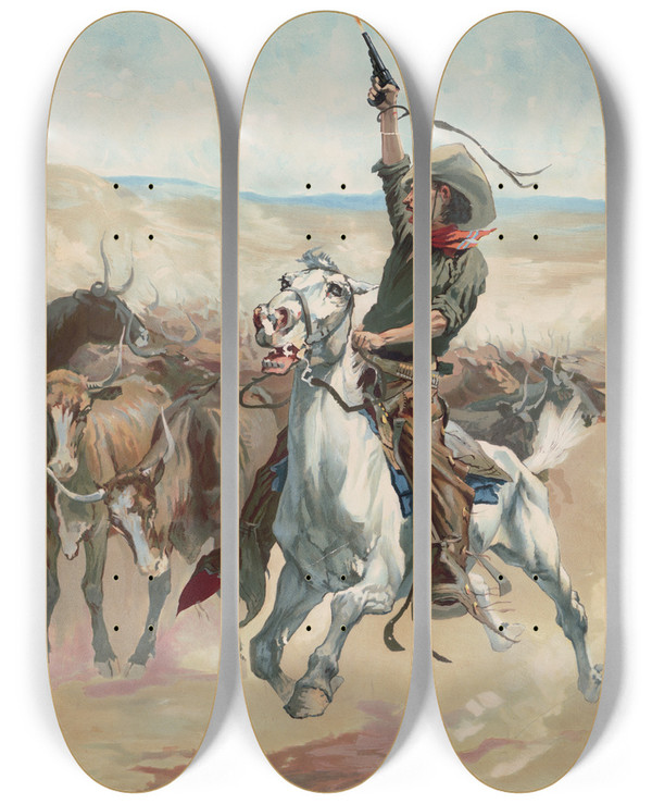 Triptych art skateboard deck of A W Elson Heading A Stampede by A W Elson (19-20-)