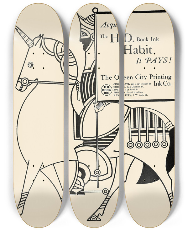 Triptych art skateboard deck of Augustus Jansson Queen City Ink Ad 37 by Augustus Jansson (1863-1931)