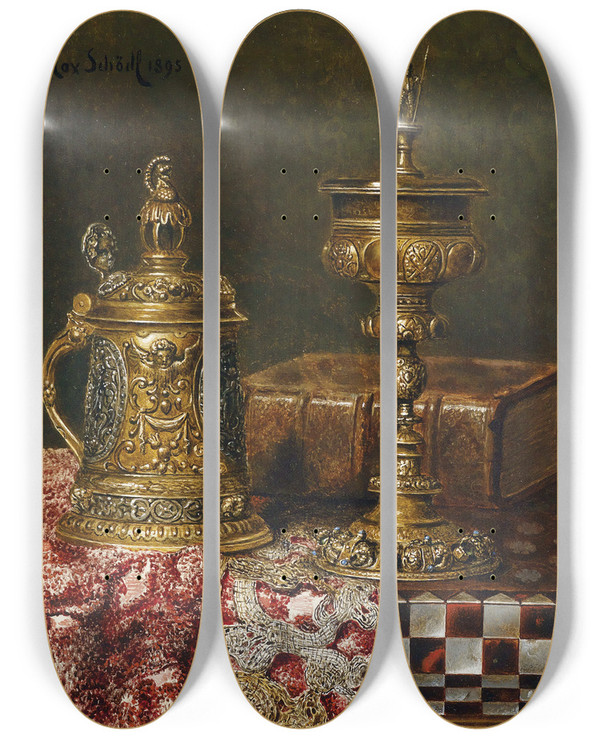 Triptych art skateboard deck of Max Schdl Stillleben Mit Prunkgefssen by Max Schodl (1834-1921)