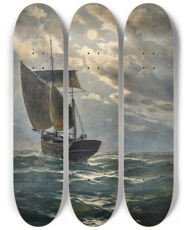 Triptych art skateboard deck of Max Jensen Fishermen In The Moonlight by Max Jensen (1860-1907)