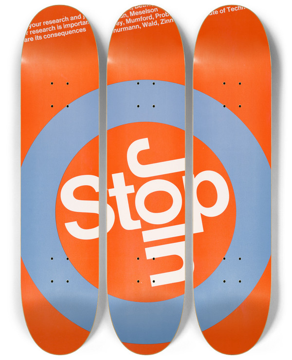 Triptych art skateboard deck of Dietmar Winkler Stop Join by Dietmar Winkler (1938)