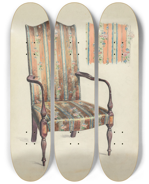 Triptych art skateboard deck of Elizabeth Curtis Hepplewhite Arm Chair by Elizabeth Curtis
