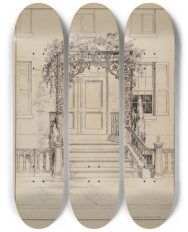 Triptych art skateboard deck of Gilbert Sackerman Cast Iron Porch by Gilbert Sackerman (20-)