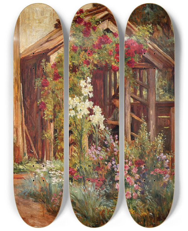 Triptych art skateboard deck of Josef Straka A Rustic Garden In Blossom by Josef Straka (1864-1946)