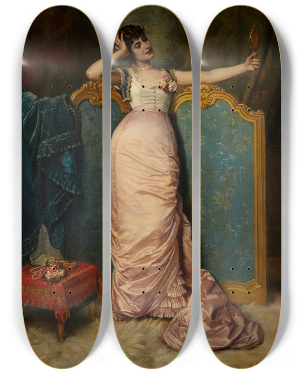 Triptych art skateboard deck of Auguste Toulmouche Admiring Her Looks by Auguste Toulmouche (1829-1890)