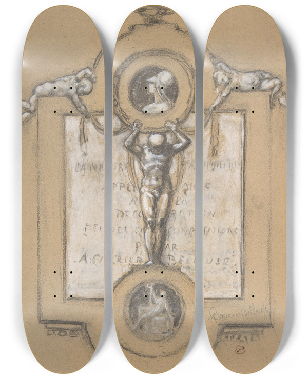Triptych art skateboard deck of Alberternest Carrierbelleuse Design For A Frontispiece by Albert-Ernest Carrier-Belleuse (1824-1887)