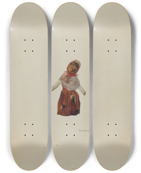Triptych art skateboard deck of Harry Grossen Hickory Nut Doll by Harry Grossen