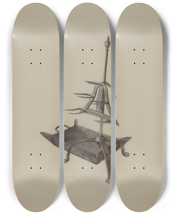 Triptych art skateboard deck of Roy Weber Roasting Stand With Drip Pan by Roy Weber