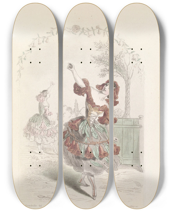 Triptych art skateboard deck of J J Grandville Fleur De Grenadier by J J Grandville (1803-1847)