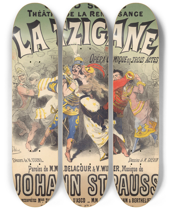 Triptych art skateboard deck of Jules Chret La Tzigane by Jules Cheret (1836-1932)