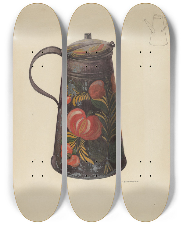 Triptych art skateboard deck of J Howard Iams Toleware Teapot by J Howard Iams (20-)