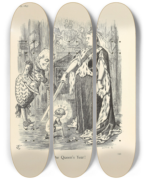 Triptych art skateboard deck of Sir John Tenniel The Queens Year by Sir John Tenniel (1820-1914)