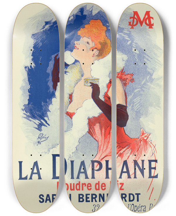 Triptych art skateboard deck of Jules Chret La Diaphane by Jules Cheret (1836-1932)