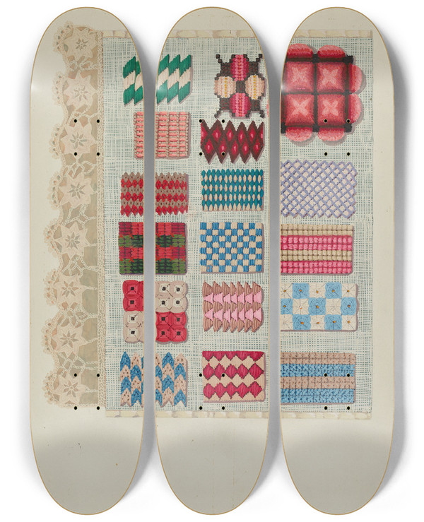 Triptych art skateboard deck of Ruth M Barnes Sampler Stitching_1 by Ruth M Barnes