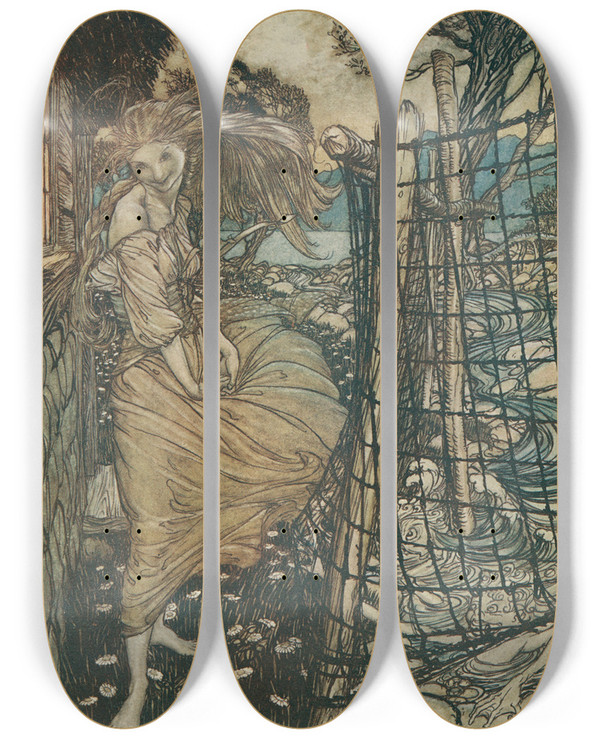 Triptych art skateboard deck of Arthur Rackham Undine Outside The Window by Arthur Rackham (1867-1939)