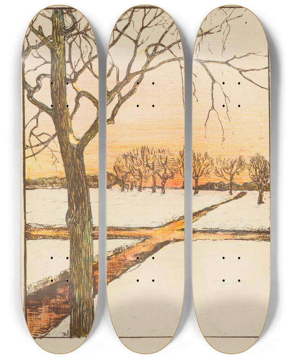 Triptych art skateboard deck of Theo Van Hoytema Sneeuwlandschap by Theo Van Hoytema (1863-1917)