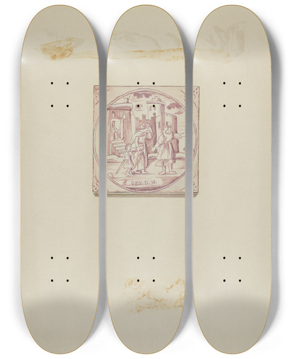 Triptych art skateboard deck of John Dixon Fireplace Tile_1 by John Dixon