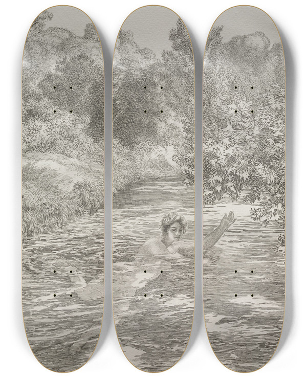 Triptych art skateboard deck of Flix Bracquemond The Bather by Felix Bracquemond (1833-1914)