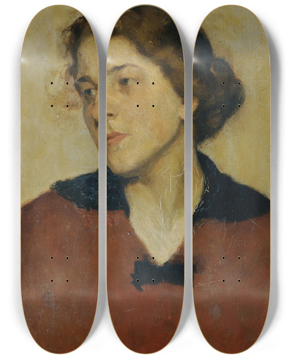 Triptych art skateboard deck of Josef Wawra Frauenbildnis Mit Rotem Pullover by Josef Wawra (1893-1935)