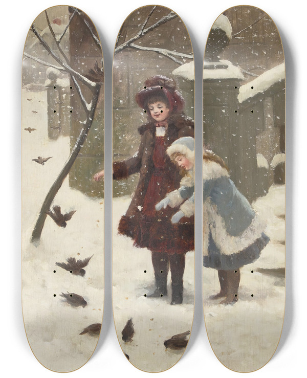 Triptych art skateboard deck of Hamilton Hamilton Feeding The Birds by Hamilton Hamilton (1847-1928)