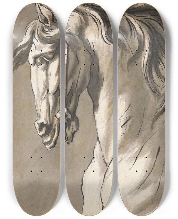Triptych art skateboard deck of John Michael Rysbrack Study Of A Horses Head by John Michael Rysbrack (1694-1770)