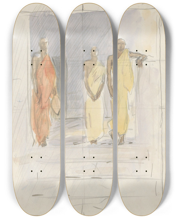 Triptych art skateboard deck of Marius Bauer Drie Monniken Bovenaan Een Tempeltrap by Marius Bauer (1867-1932)
