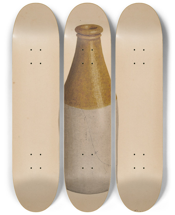 Triptych art skateboard deck of Richard Barnett Stoneware Ink Bottle Or Catsup Bottle by Richard Barnett