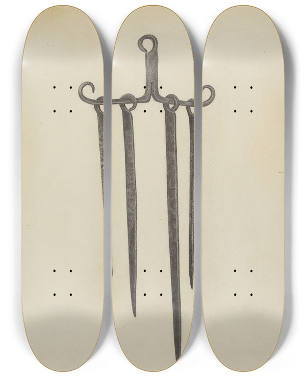 Triptych art skateboard deck of Bernard Krieger Skewers And Holder_1 by Bernard Krieger