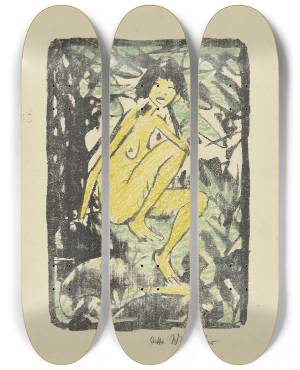 Triptych art skateboard deck of Otto Mueller Sitzende Von Blattwerk Umgeben by Otto Mueller (1874-1930)