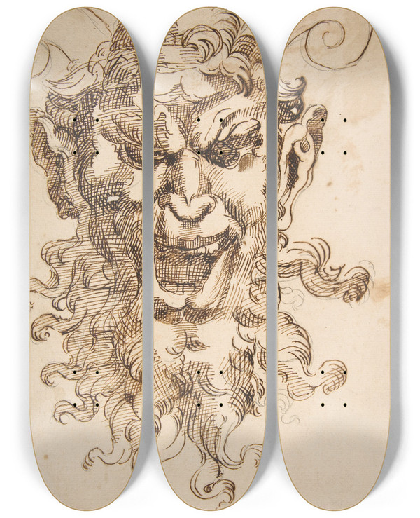 Triptych art skateboard deck of Adamo Scultori Satyrs Head by Adamo Scultori (1530-1585)