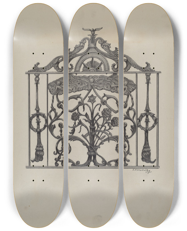 Triptych art skateboard deck of Eugene Shellady Cast Iron Gate by Eugene Shellady