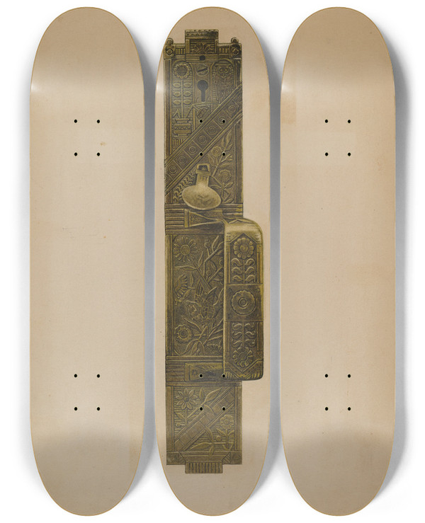 Triptych art skateboard deck of Paul Poffinbarger Door Latch And Handle by Paul Poffinbarger