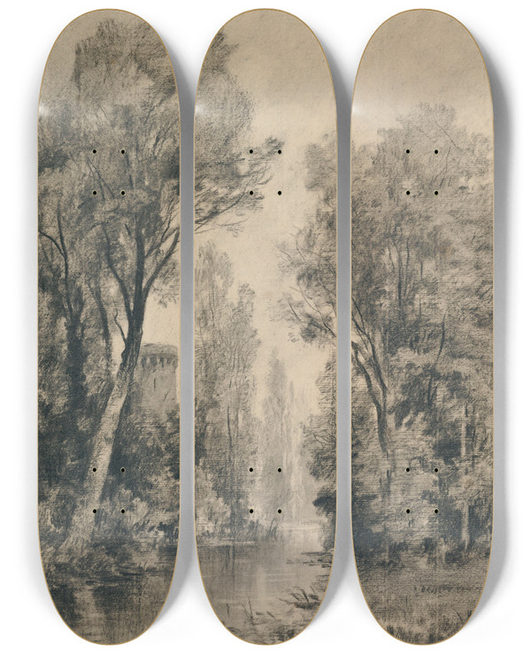 Triptych art skateboard deck of Maxime Lalanne Castle Overlooking A River by Maxime Lalanne (1827-1886)