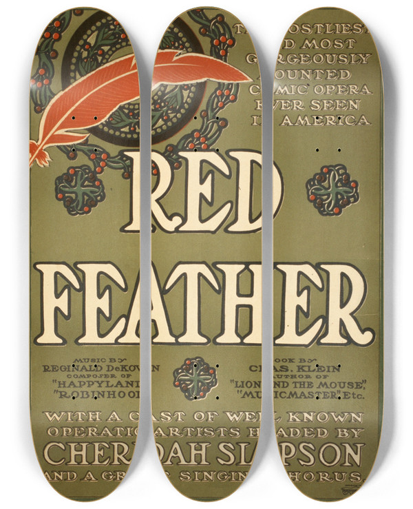 Triptych art skateboard deck of Ackermannquigley Litho Co Red Feather by Ackermann-Quigley Litho. Co (19-)