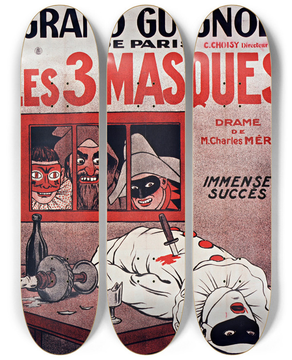 Triptych art skateboard deck of Adrien Barrre Les 3 Masques by Adrien Barrere (1874-1931)