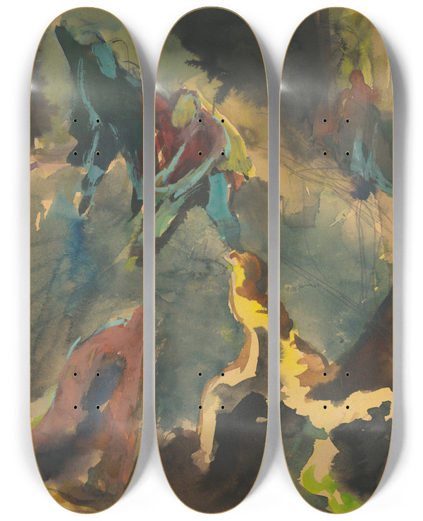 Triptych art skateboard deck of Jn Novk Figurlna Kompozcia Zpas by Jan Novak (1921-1944)
