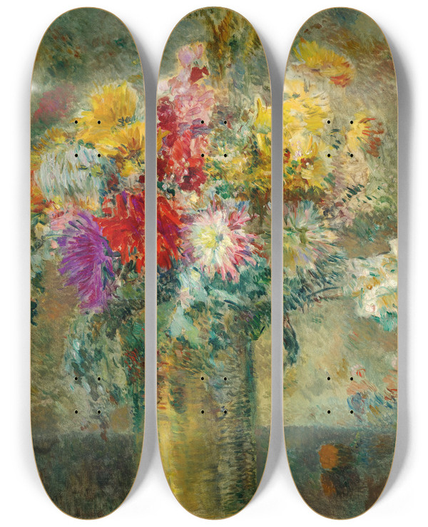 Triptych art skateboard deck of Albert Lebourg Bouquet De Fleurs by Albert Lebourg (1849-1928)