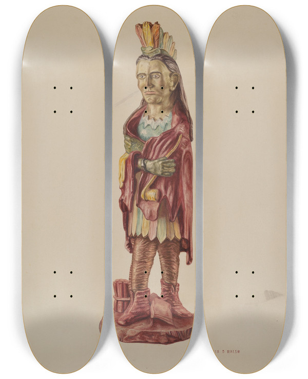Triptych art skateboard deck of Hardin Walsh Cigar Store Indian by Hardin Walsh