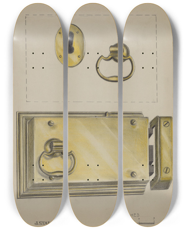Triptych art skateboard deck of Jack Staloff Lock Handle And Key Plate by Jack Staloff